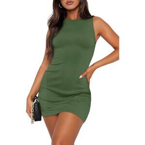 Wiholl Women's T - Olive Green Summer Sleeveless Boat Neck Slim Fit Mini Dress